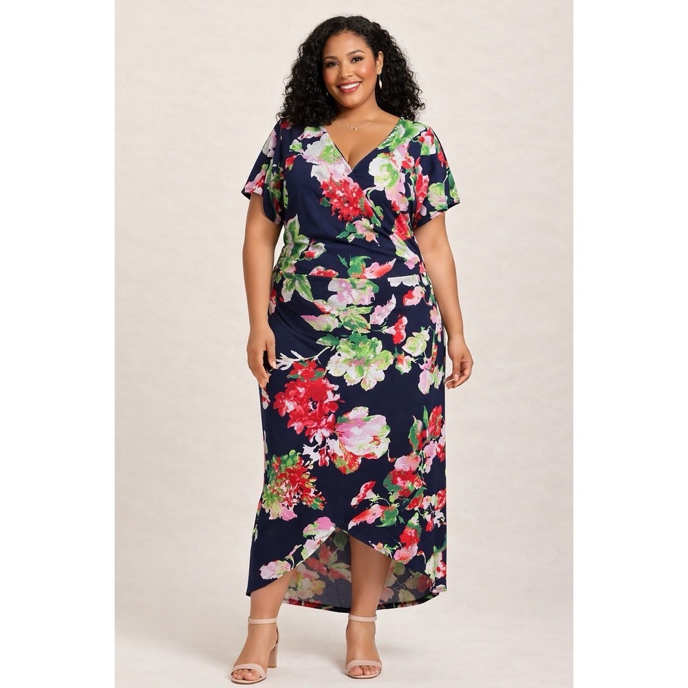 Emerald Women's 2X Navy Floral Faux Wrap Midi Dress‎ V-Neck Asymmetrical Hem